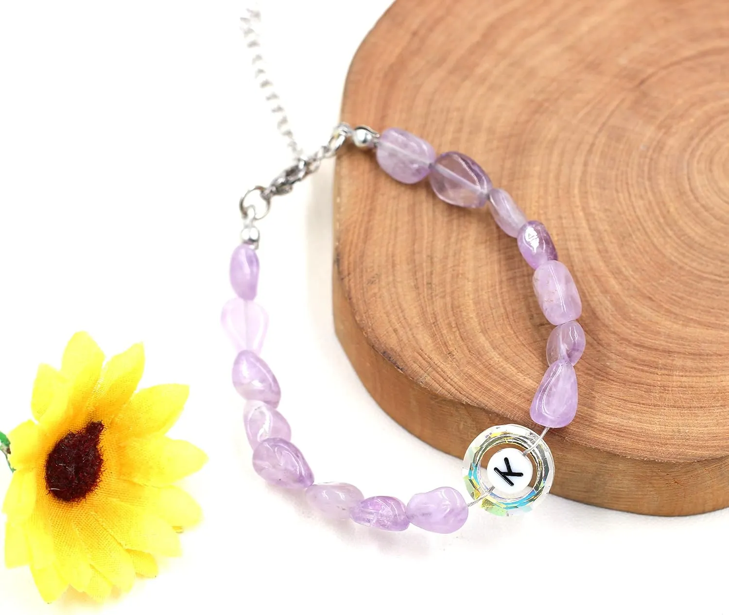Uloveido Purple Natural Stone and Austrian Crystal Letter Bracelet, Personalized Initial Jewelry for Women A-Z 26 Letters