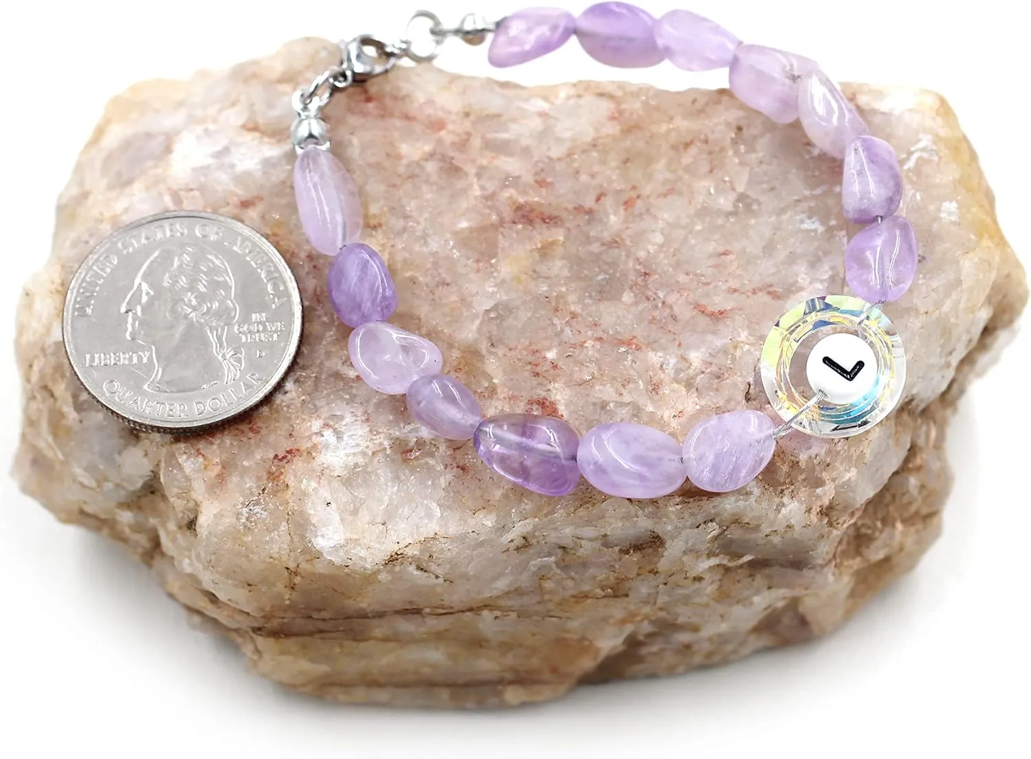 Uloveido Purple Natural Stone and Austrian Crystal Letter Bracelet, Personalized Initial Jewelry for Women A-Z 26 Letters