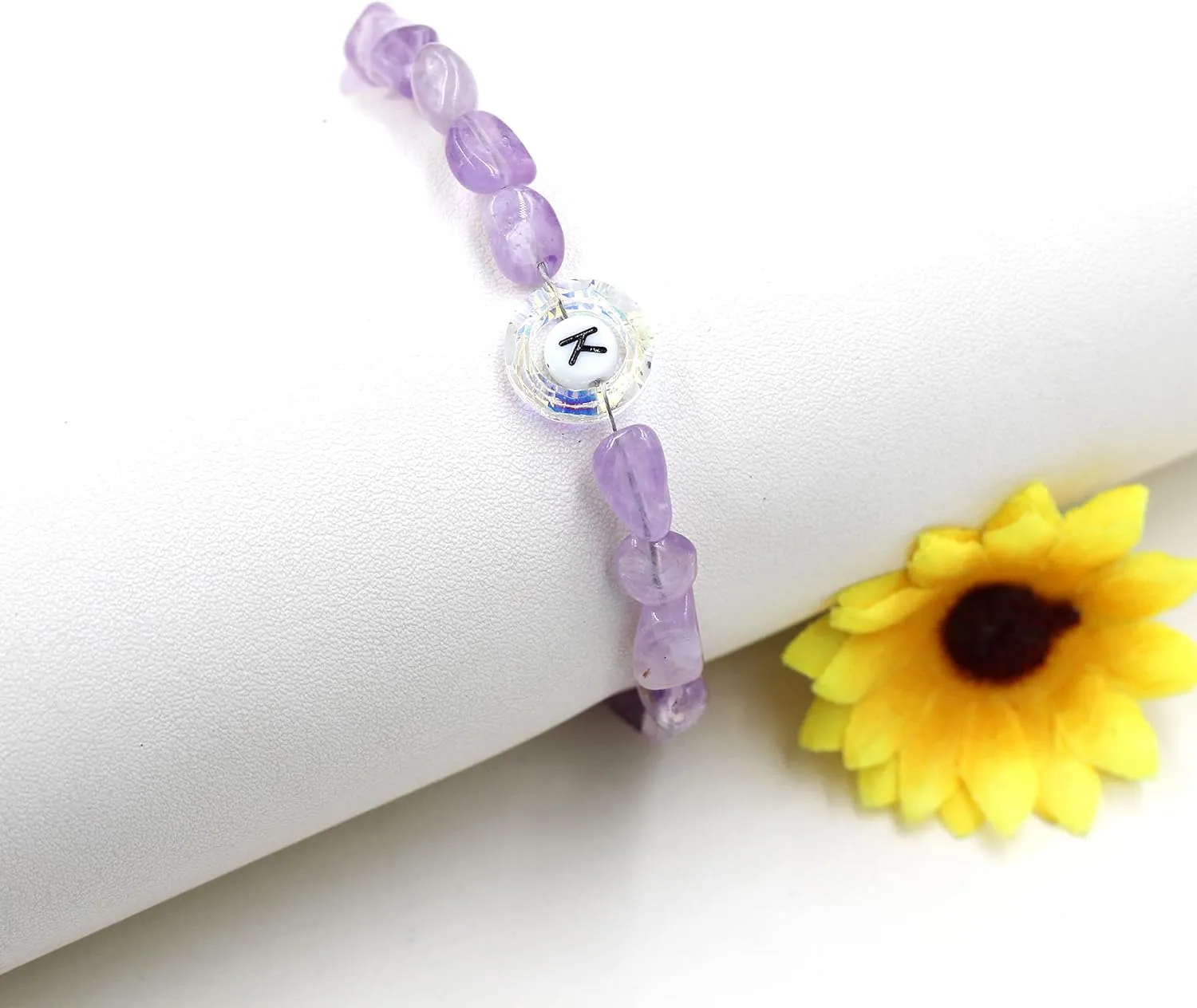 Uloveido Purple Natural Stone and Austrian Crystal Letter Bracelet, Personalized Initial Jewelry for Women A-Z 26 Letters
