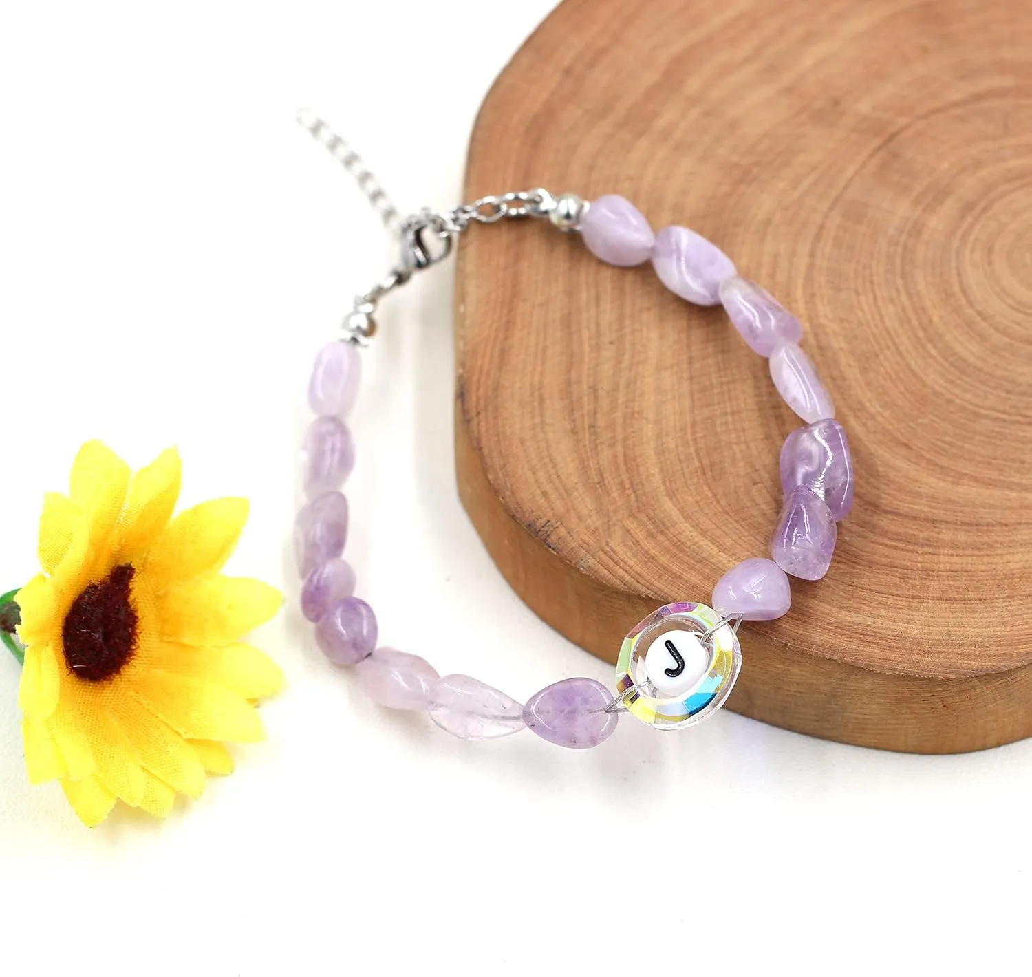 Uloveido Purple Natural Stone and Austrian Crystal Letter Bracelet, Personalized Initial Jewelry for Women A-Z 26 Letters