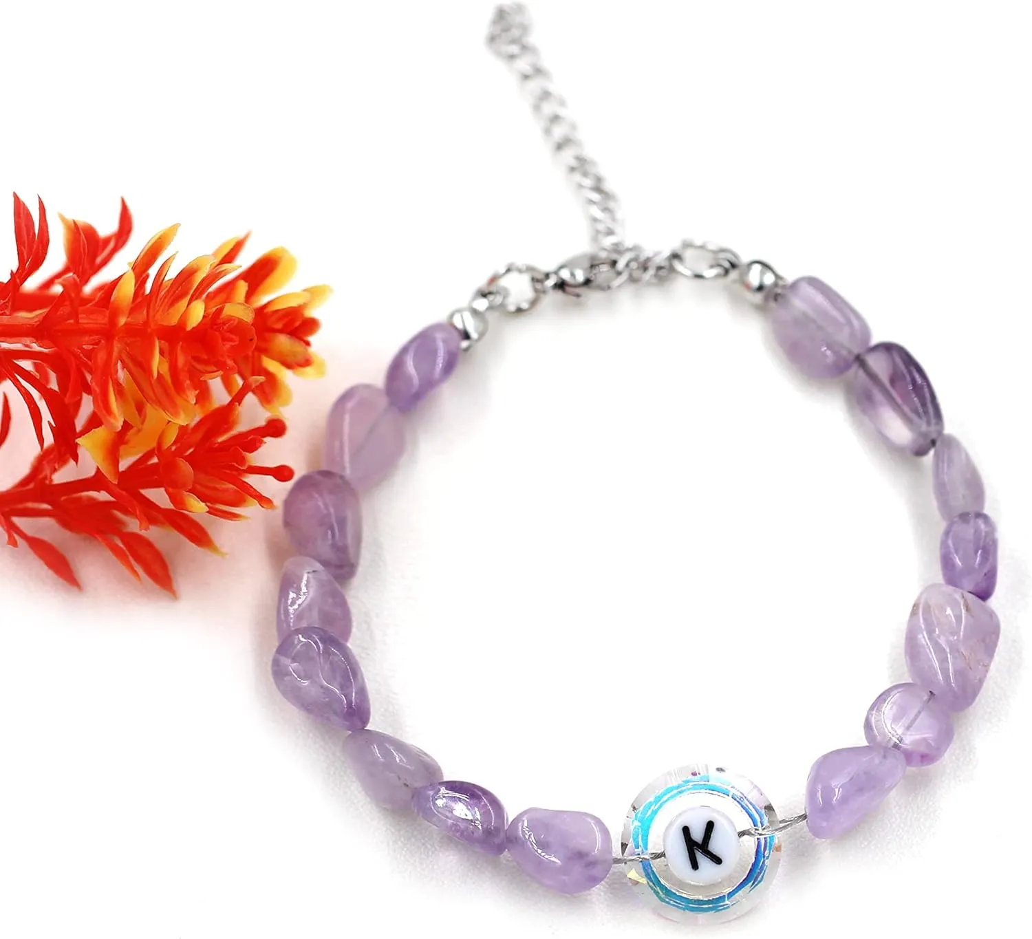 Uloveido Purple Natural Stone and Austrian Crystal Letter Bracelet, Personalized Initial Jewelry for Women A-Z 26 Letters