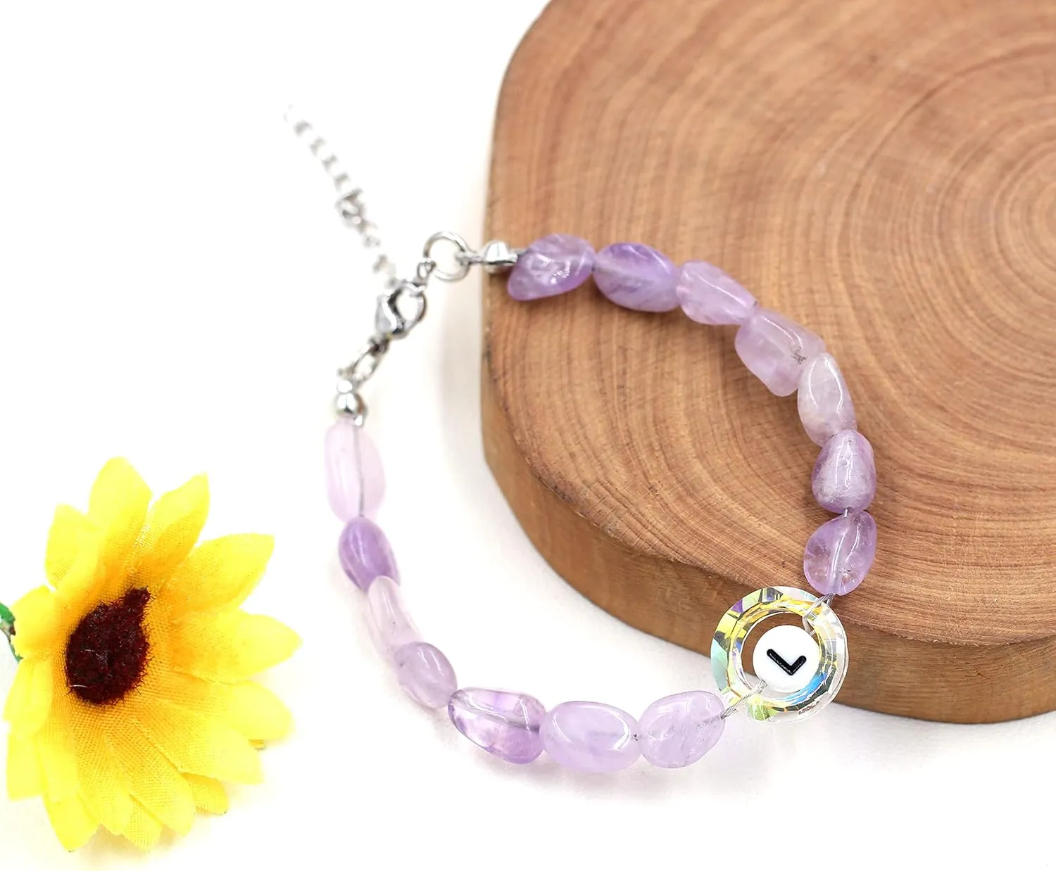 Uloveido Purple Natural Stone and Austrian Crystal Letter Bracelet, Personalized Initial Jewelry for Women A-Z 26 Letters