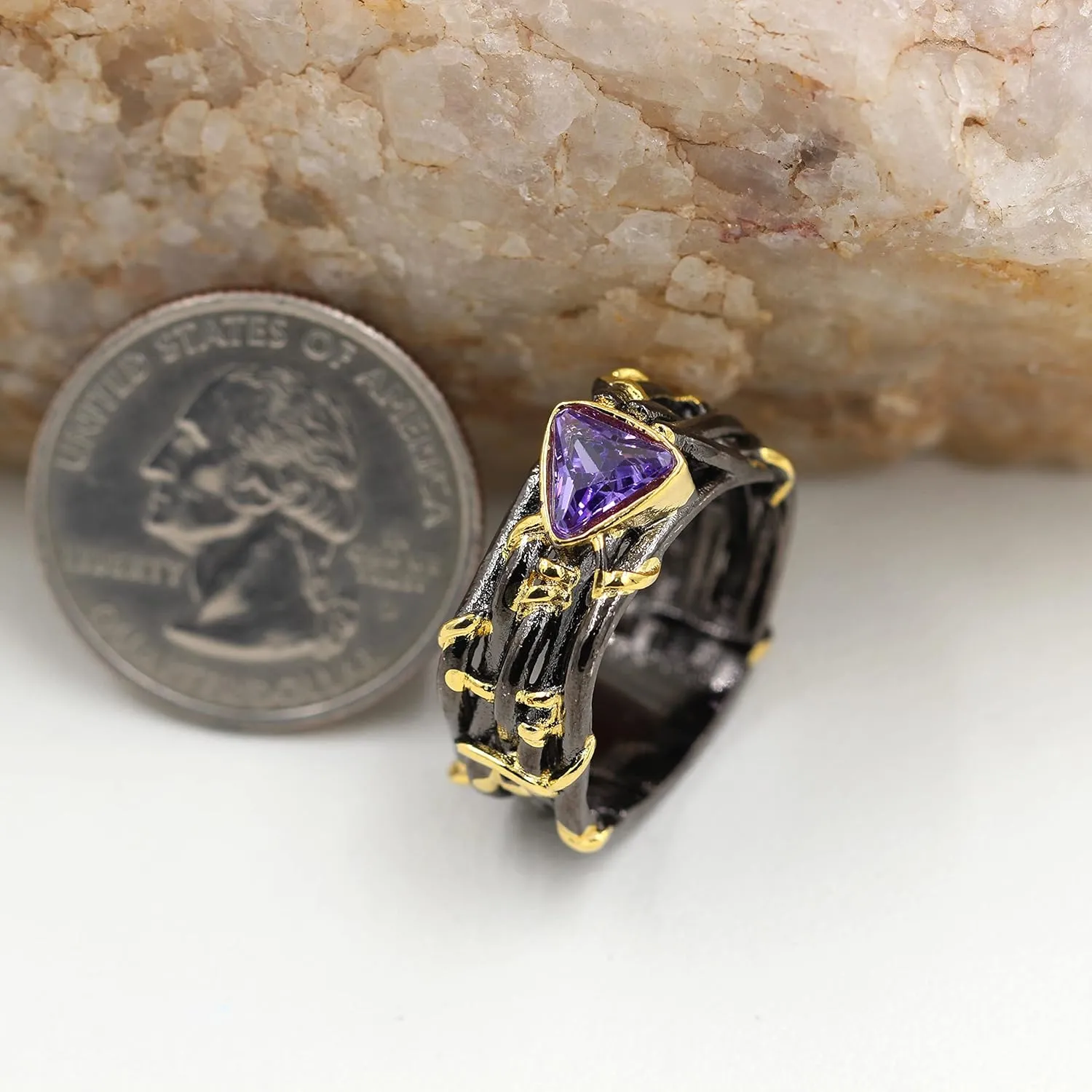 Uloveido Purple Triangle CZ Black Vintage Wild Ivy Thorns Rings Retro Vine Branch Crown Band Two Tones Gold Leaves Y1509