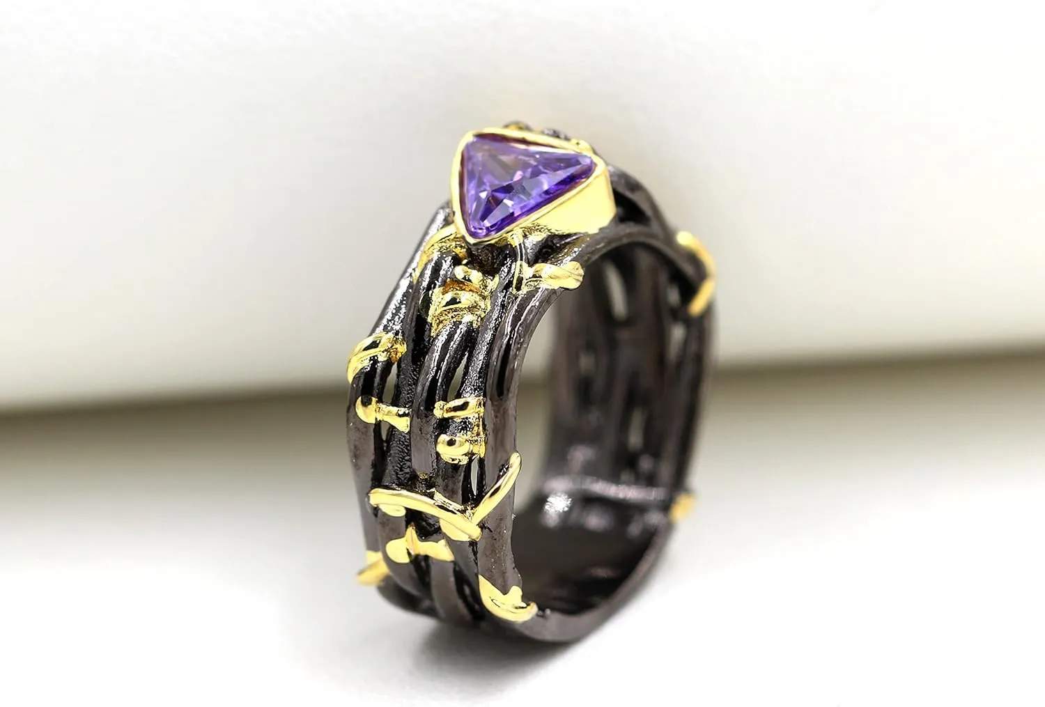 Uloveido Purple Triangle CZ Black Vintage Wild Ivy Thorns Rings Retro Vine Branch Crown Band Two Tones Gold Leaves Y1509