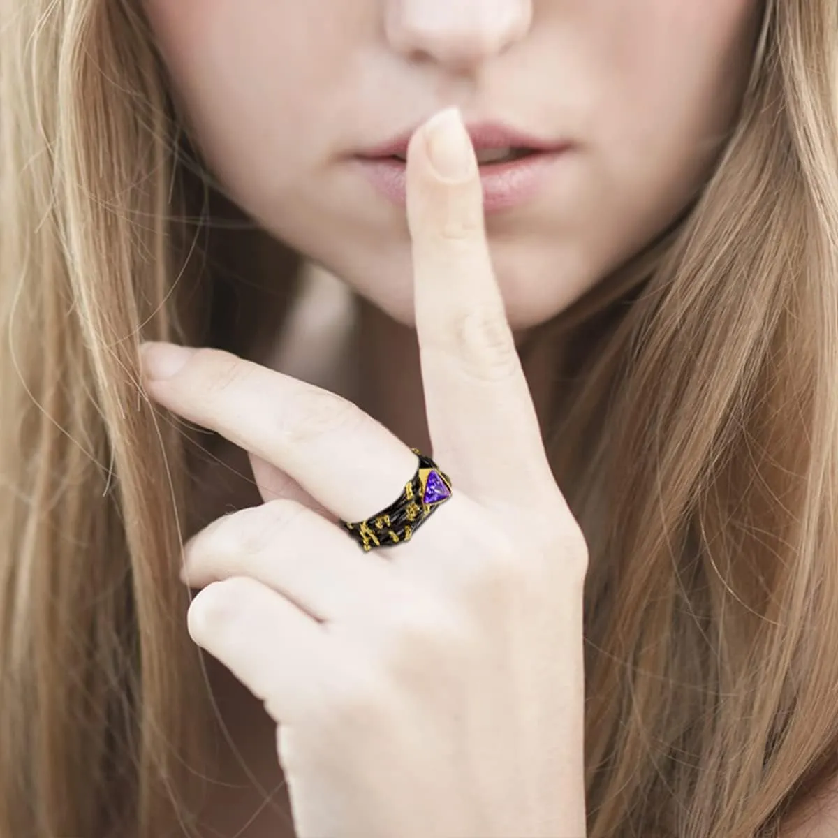 Uloveido Purple Triangle CZ Black Vintage Wild Ivy Thorns Rings Retro Vine Branch Crown Band Two Tones Gold Leaves Y1509