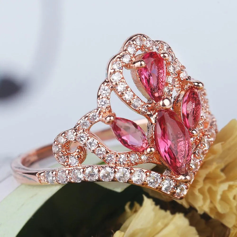 Uloveido Rose Gold Plated Crown Princess Tiara Ring Pink CZ Zircon Promise Rings Party Jewelry for Women Size 6 7 8 9 RA139