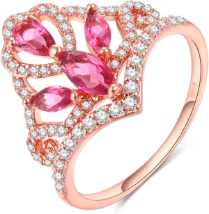 Uloveido Rose Gold Plated Crown Princess Tiara Ring Pink CZ Zircon Promise Rings Party Jewelry for Women Size 6 7 8 9 RA139