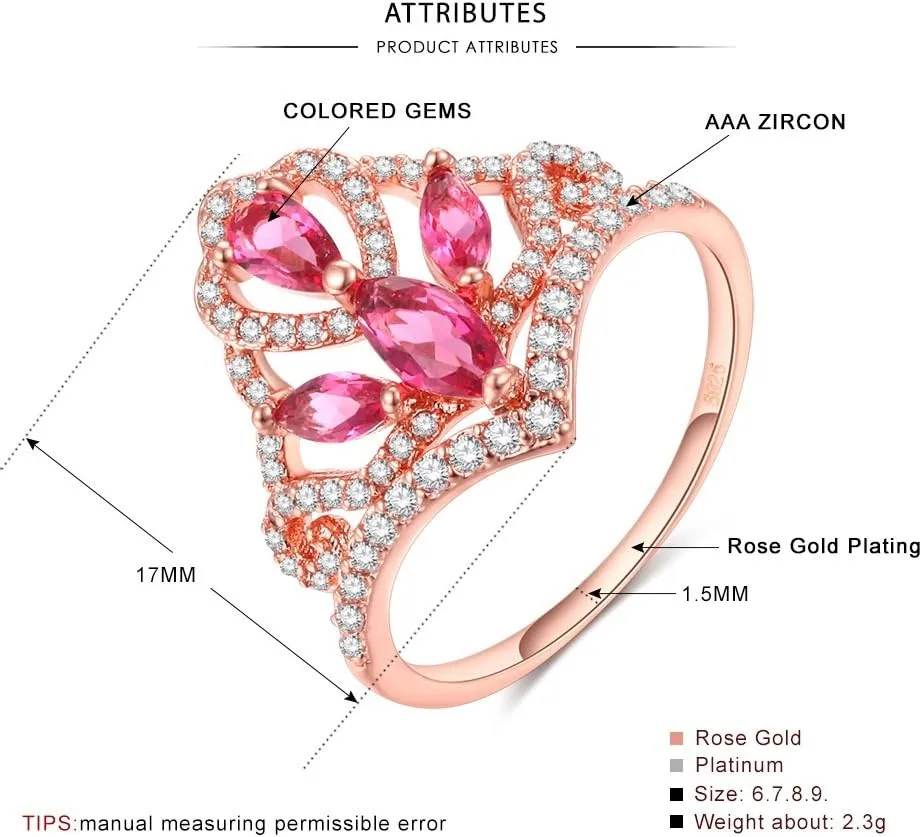 Uloveido Rose Gold Plated Crown Princess Tiara Ring Pink CZ Zircon Promise Rings Party Jewelry for Women Size 6 7 8 9 RA139