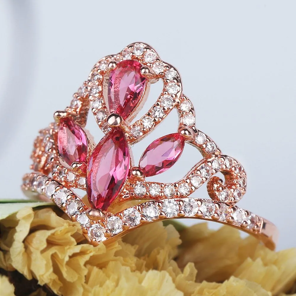 Uloveido Rose Gold Plated Crown Princess Tiara Ring Pink CZ Zircon Promise Rings Party Jewelry for Women Size 6 7 8 9 RA139
