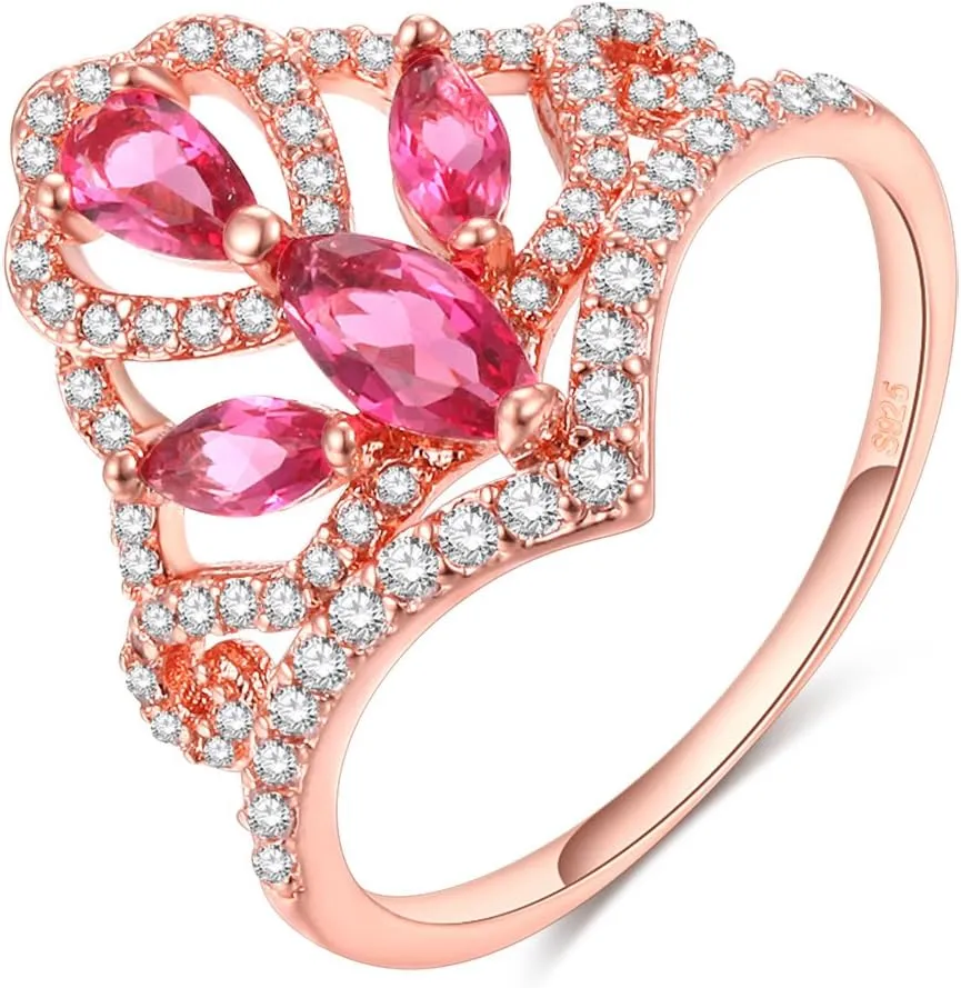Uloveido Rose Gold Plated Crown Princess Tiara Ring Pink CZ Zircon Promise Rings Party Jewelry for Women Size 6 7 8 9 RA139