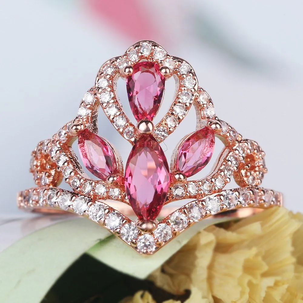 Uloveido Rose Gold Plated Crown Princess Tiara Ring Pink CZ Zircon Promise Rings Party Jewelry for Women Size 6 7 8 9 RA139