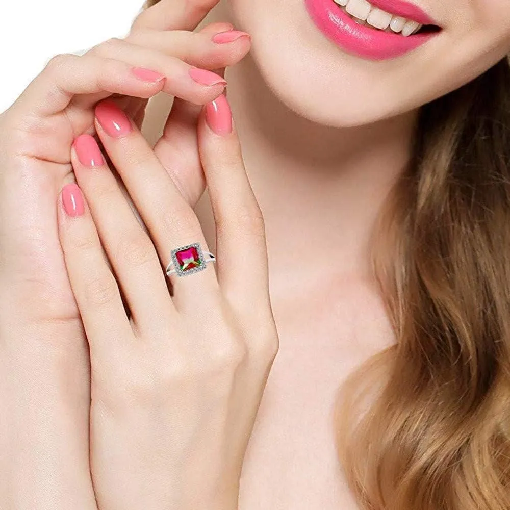 Uloveido Square Tourmaline Crystal Rings for Women Anniversary Engagement Jewelry Rings for Female Gift White Gold Plated (Size 6 7 8 9) Y440
