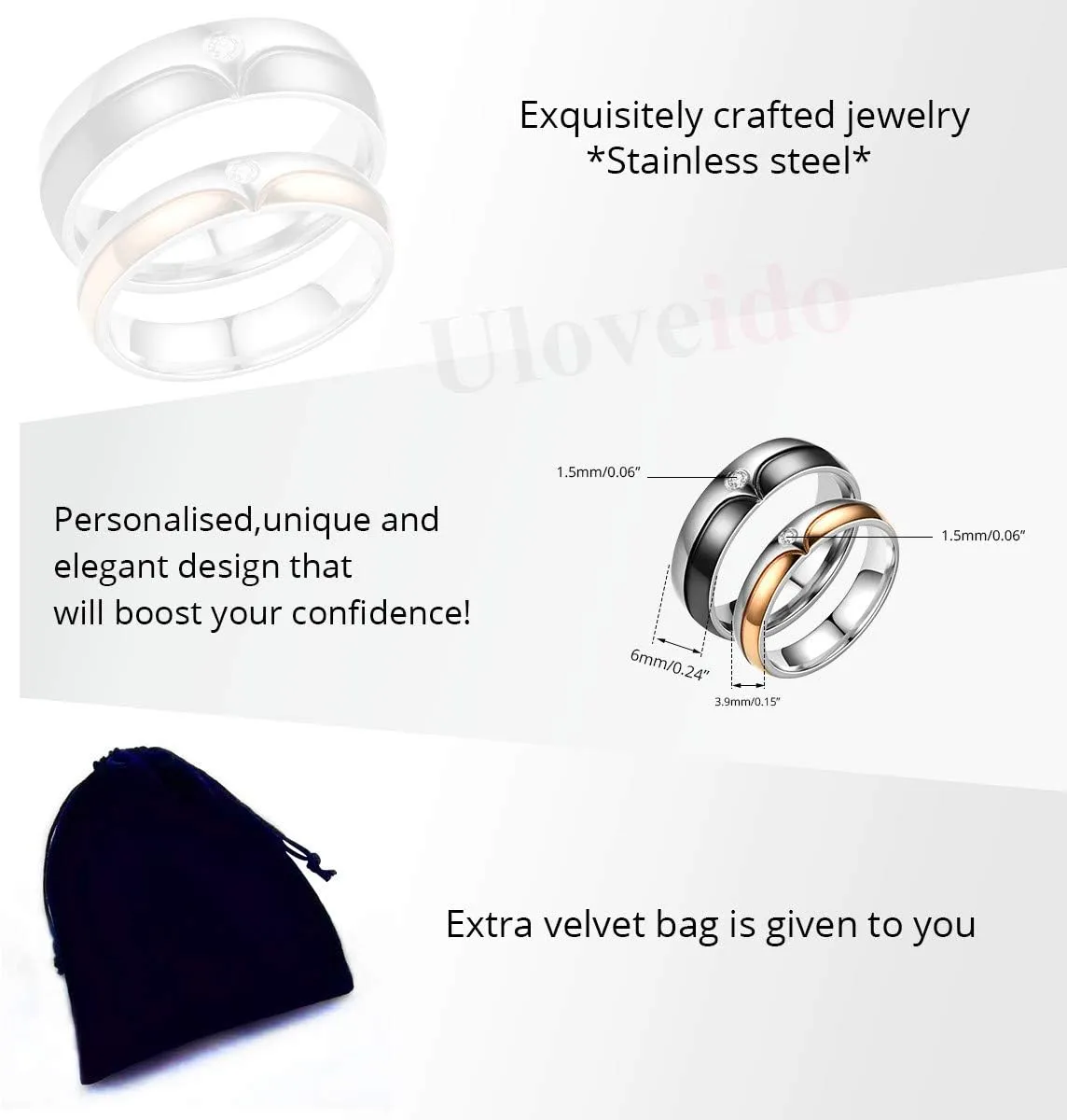 Uloveido Stainless Steel His and Hers Matching Black & Rose Gold Plated Wedding Bands Engagement Rings for Couples Y994