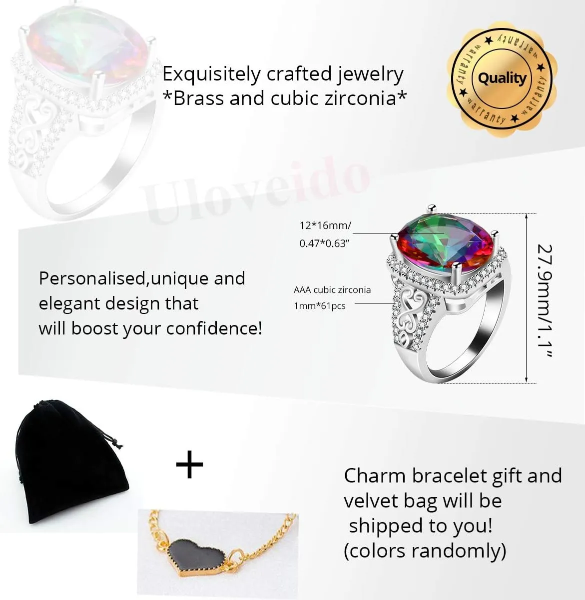 Uloveido White Gold Plated Big Oval Multicolor Cubic Zirconia Crystal Anniversary Cocktail Rings for Women Y585
