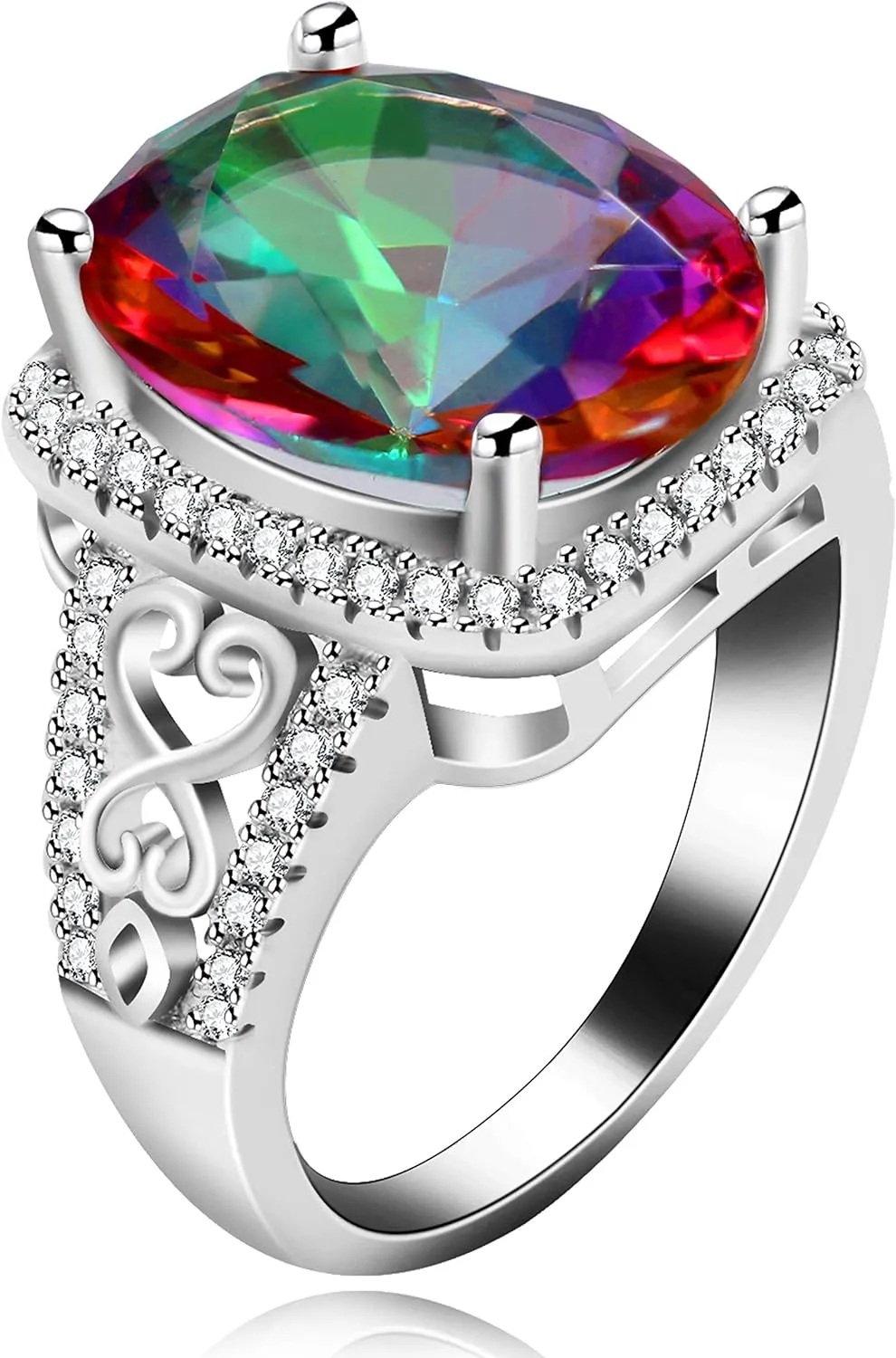 Uloveido White Gold Plated Big Oval Multicolor Cubic Zirconia Crystal Anniversary Cocktail Rings for Women Y585