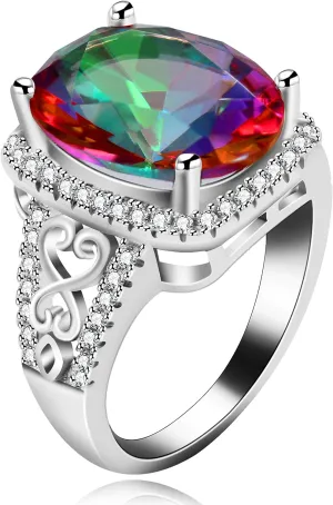 Uloveido White Gold Plated Big Oval Multicolor Cubic Zirconia Crystal Anniversary Cocktail Rings for Women Y585