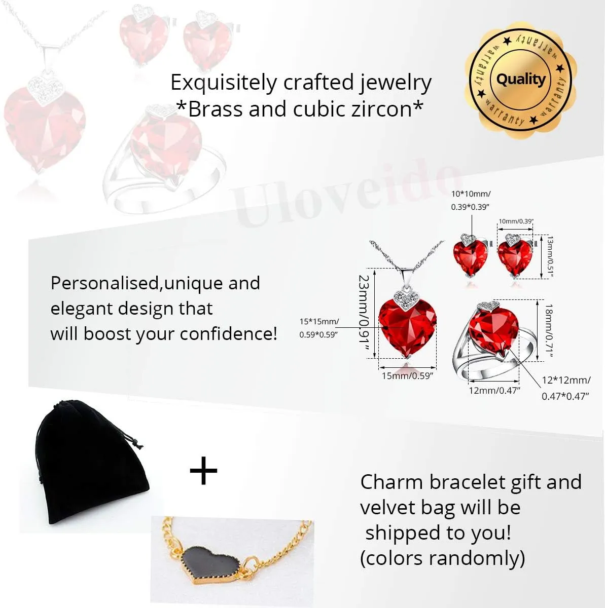 Uloveido White Gold Plated Crystal Heart Wedding Jewelry Set Women Necklace Earrings and Rings Set for Bridal Girls Anniversary Birthday Gift T213