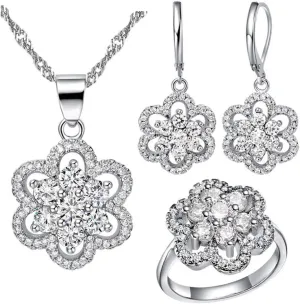 Uloveido Women's Platinum Plated Cubic Zirconia Flower Pendant Necklace Hoop Earrings and Rings Set Crystal Wedding Jewelry T489
