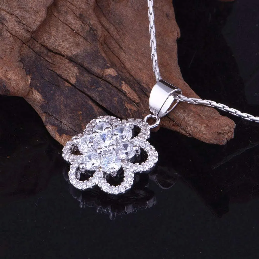Uloveido Women's Platinum Plated Cubic Zirconia Flower Pendant Necklace Hoop Earrings and Rings Set Crystal Wedding Jewelry T489