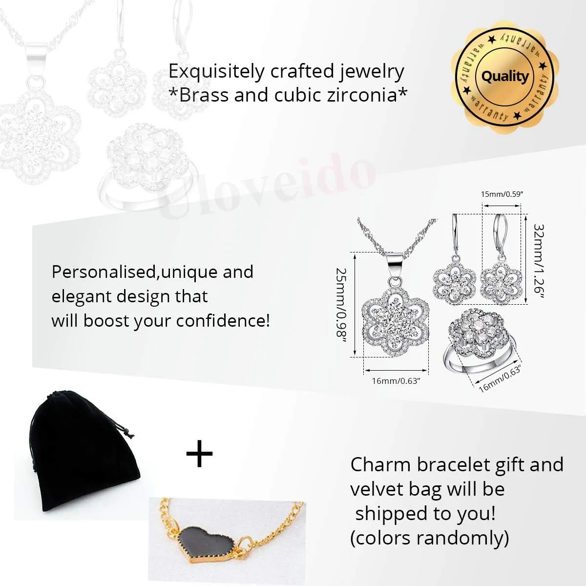Uloveido Women's Platinum Plated Cubic Zirconia Flower Pendant Necklace Hoop Earrings and Rings Set Crystal Wedding Jewelry T489