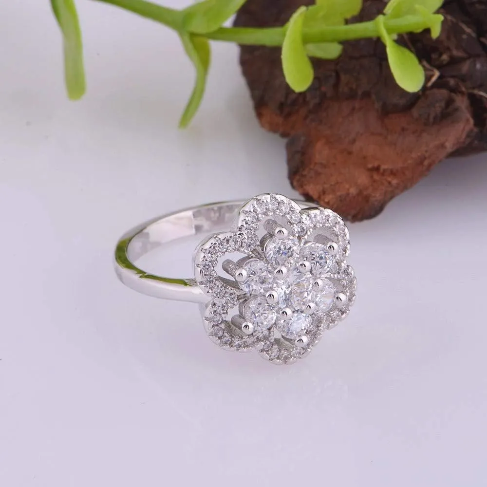Uloveido Women's Platinum Plated Cubic Zirconia Flower Pendant Necklace Hoop Earrings and Rings Set Crystal Wedding Jewelry T489