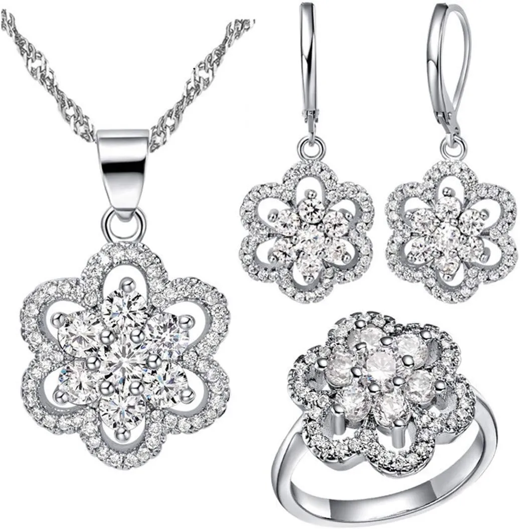 Uloveido Women's Platinum Plated Cubic Zirconia Flower Pendant Necklace Hoop Earrings and Rings Set Crystal Wedding Jewelry T489