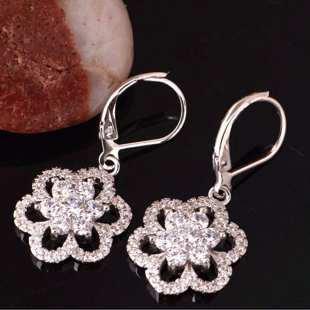 Uloveido Women's Platinum Plated Cubic Zirconia Flower Pendant Necklace Hoop Earrings and Rings Set Crystal Wedding Jewelry T489