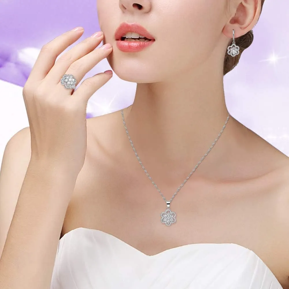 Uloveido Women's Platinum Plated Cubic Zirconia Flower Pendant Necklace Hoop Earrings and Rings Set Crystal Wedding Jewelry T489