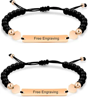 Unisex Handmade Personalized Name Identification Bracelet for Women Mom, Custom Braided Black Matte Agate Beads ID Bracelet for Mother Best Friends Bracelet Gift Y1451