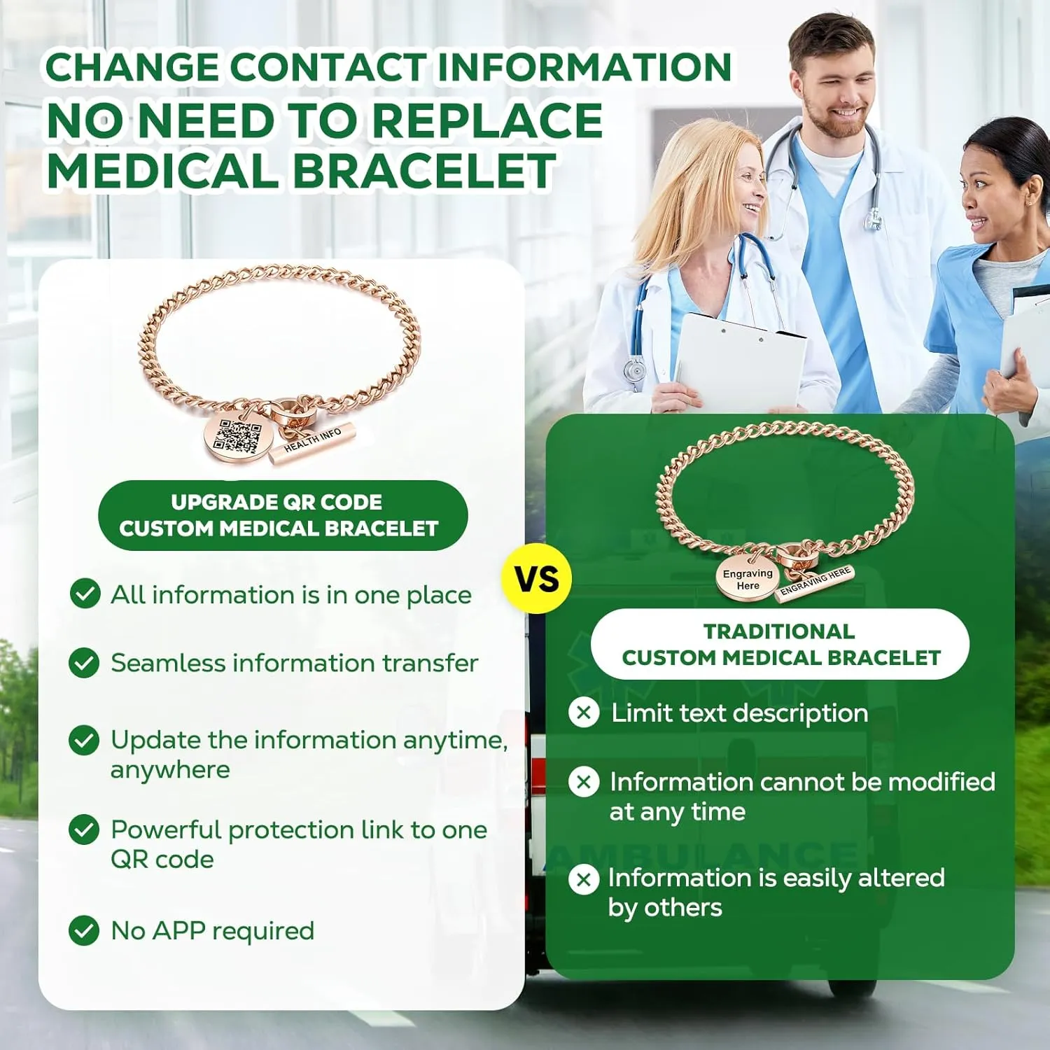 Upgraded QR Code Medical ID Bracelets for Women Medical Alert Bracelet - Sterling Silver 7'' ~9 '' Chain Link - More Space Save & Change Emergency Med Info