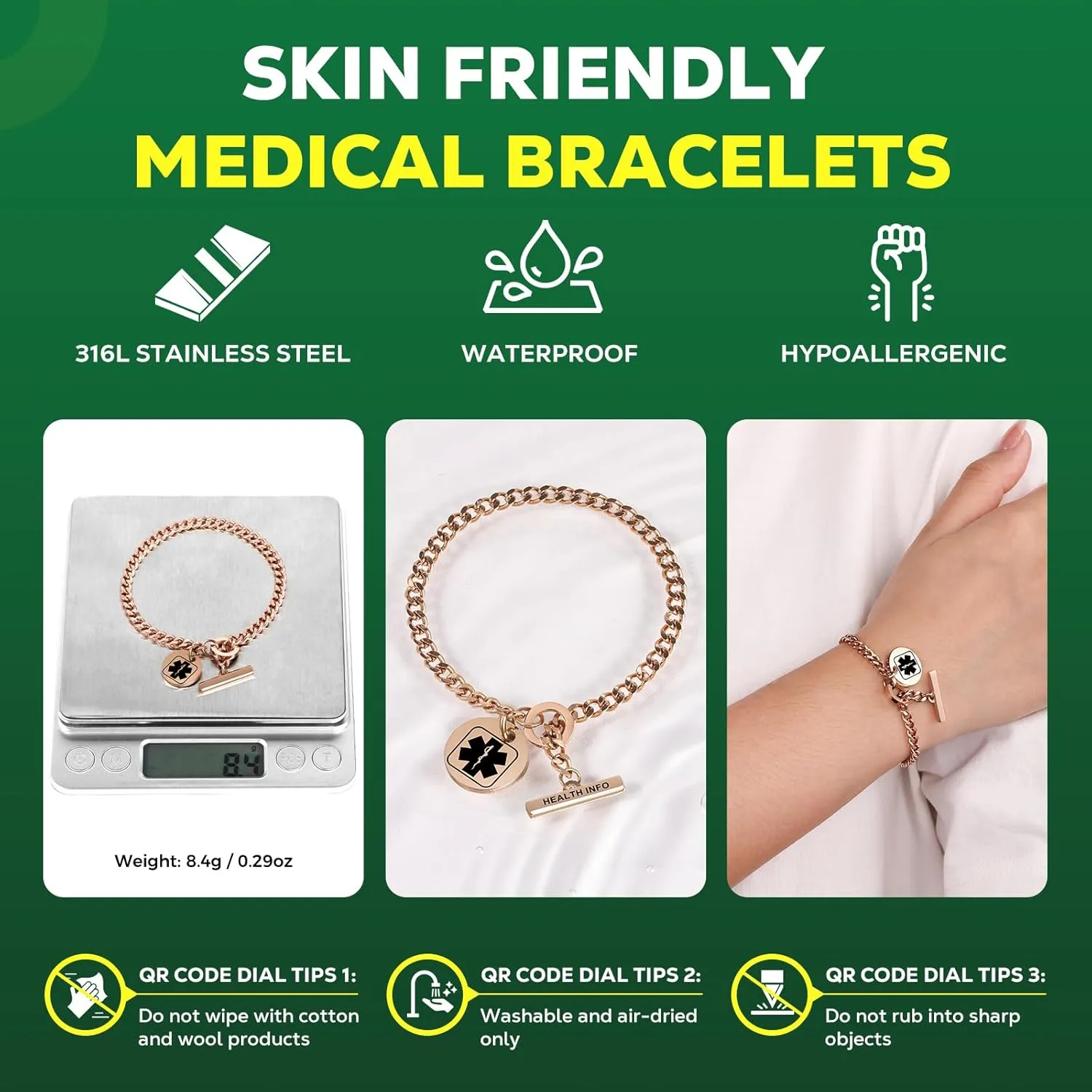 Upgraded QR Code Medical ID Bracelets for Women Medical Alert Bracelet - Sterling Silver 7'' ~9 '' Chain Link - More Space Save & Change Emergency Med Info