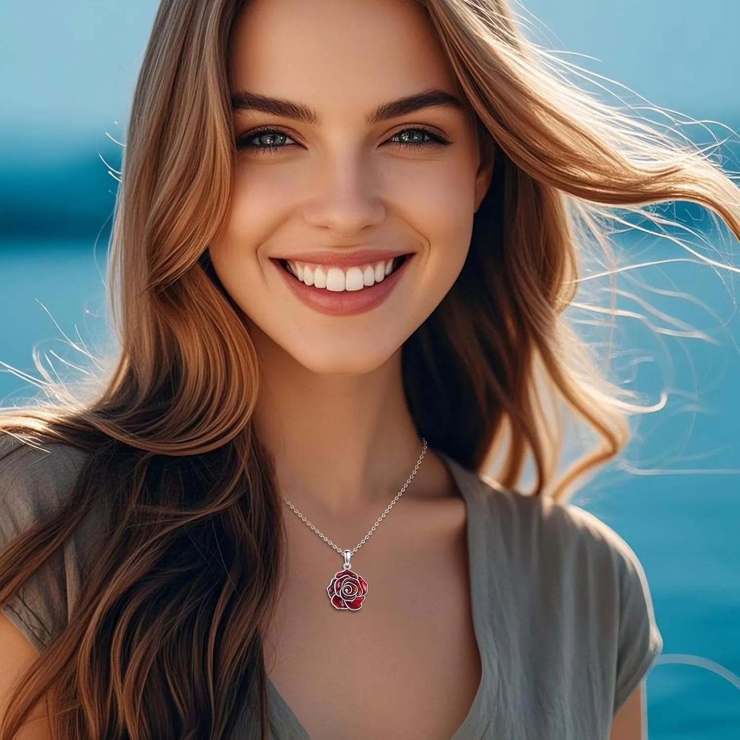 URONE Flower Necklace 925 Sterling Silver Red Rose/Poppy Necklace Flower Jewelry Gift for Women