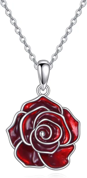 URONE Flower Necklace 925 Sterling Silver Red Rose/Poppy Necklace Flower Jewelry Gift for Women