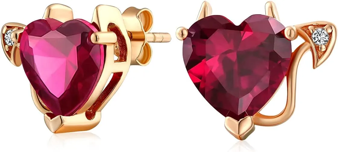 Valentine Red Cubic Zirconia AAA CZ Devil Heart Shape Stud Earrings For Women Rose Gold Plated 925 Sterling Silver