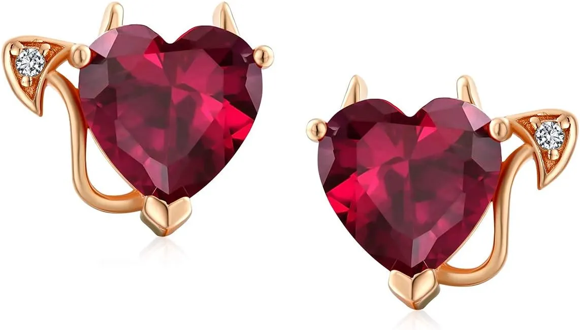 Valentine Red Cubic Zirconia AAA CZ Devil Heart Shape Stud Earrings For Women Rose Gold Plated 925 Sterling Silver