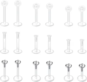VCMART Clear Earrings for Sports Work Surgery Mix Set Plastic Clear Piercing Retainer Clear Cartilage Helix Tragus Conch Daith Ear Lobe Eyebrow Septum Nose Lip Labret Monroe Piercing Retainer 16g 20g