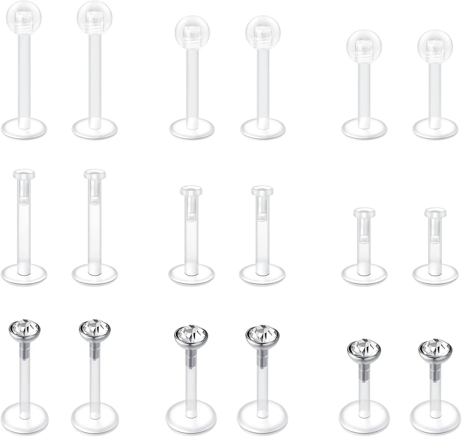 VCMART Clear Earrings for Sports Work Surgery Mix Set Plastic Clear Piercing Retainer Clear Cartilage Helix Tragus Conch Daith Ear Lobe Eyebrow Septum Nose Lip Labret Monroe Piercing Retainer 16g 20g