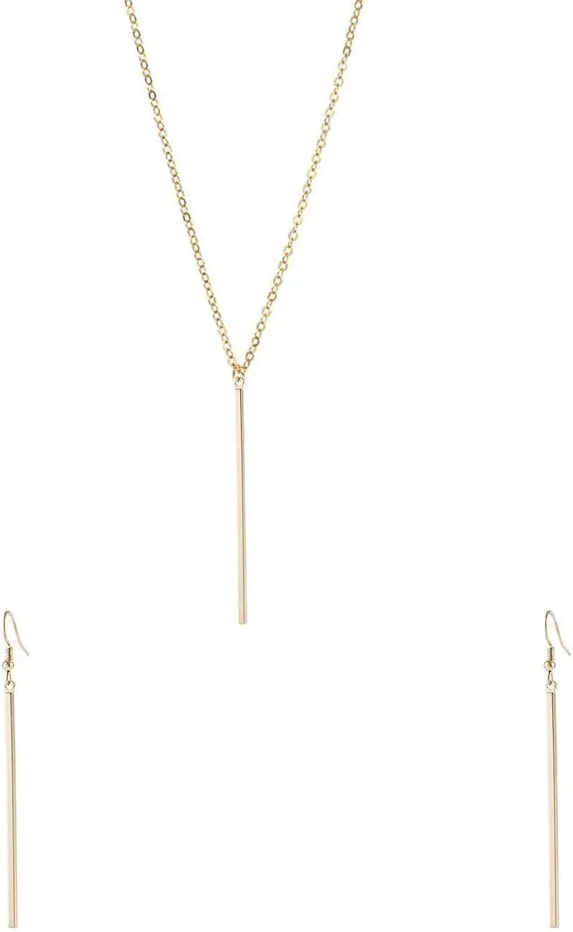 Vertical Bar Pendant Necklace Earrings Set Simple Long Chain Minimalist Dangle Earrings for Women Pendant