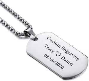 VIBOOS Personalized Dog Tag Pendant Necklace for Men Women Engraving Name/Date/Text Stainless Steel Custom Pendant with Adjustable Chain Bridesmaid Gifts Valentine's Day Jewelry