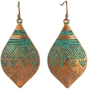 Vintage Leaf Shaped Dangle Earrings for Women Bohemian Carved Texture Pattern Earrings Ethnic Style Jewelry
