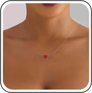 Vintage Red Heart Pendant Necklace Silver Transparent Invisible Chain Necklace Tiny Heart Choker Necklace Heart Fishing Line Necklace Chain Jewelry for Women