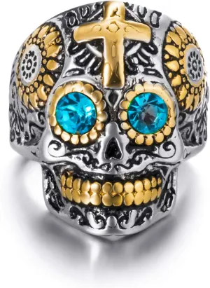 Vintage Ring Stainless Steel Gothic Skull Rings for Men Red/blue CZ Eye Silver Gold Skeleton Cocktail Party Biker Ring Size 8-13