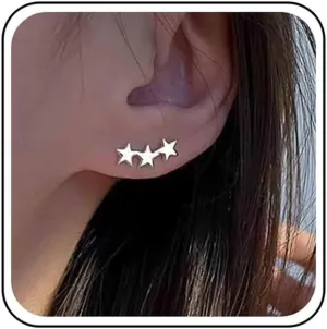 Vintage Tiny Star Ear Climber Earrings Silver Mini Star Crawler Earrings Triple Star Earrings Minimalist Star Stud Earrings Jewelry for Women