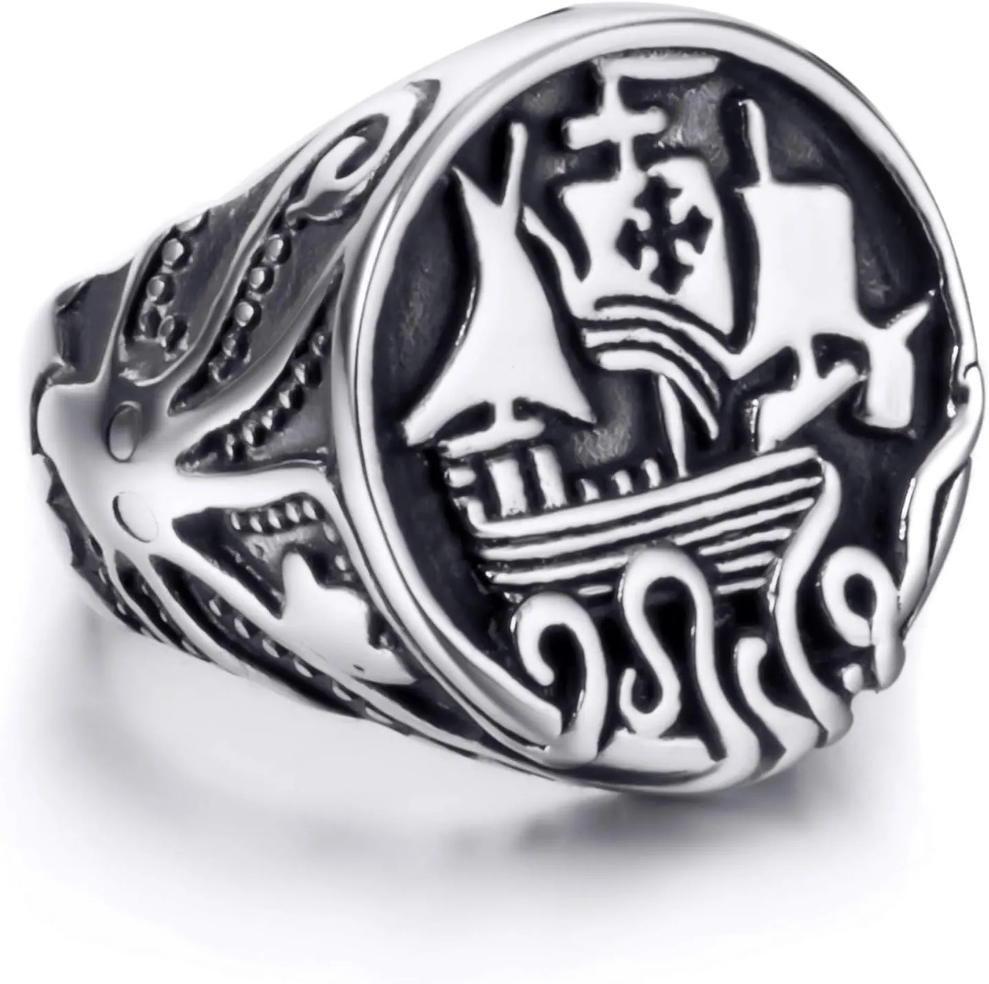 Vintage Viking Ring Drakkar Ship Kraken Norse Sea Monster Octopus Squid Tentacle Stainless Steel Cocktail Party Ring for men
