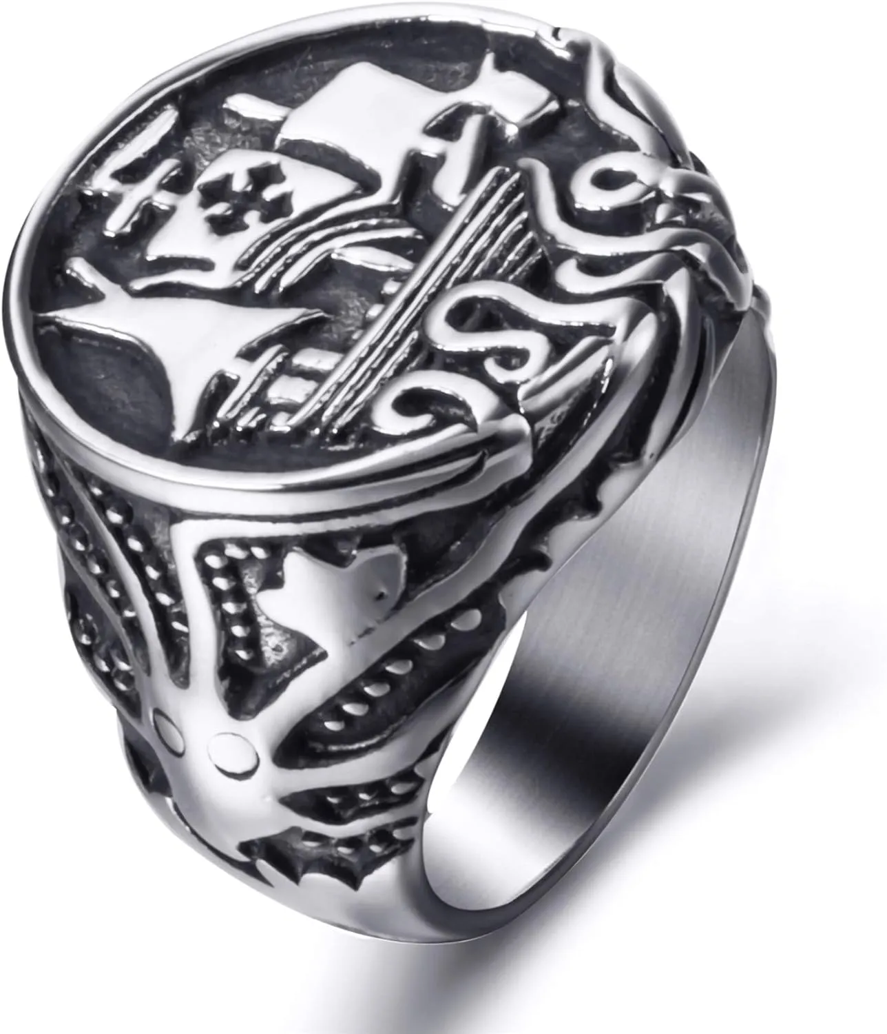 Vintage Viking Ring Drakkar Ship Kraken Norse Sea Monster Octopus Squid Tentacle Stainless Steel Cocktail Party Ring for men