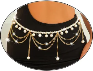 Vinzar Boho Multi Layered Waist Chain Pearl Waist Belly Chain Gold Chain Belt Pearl Body Chain for Women
