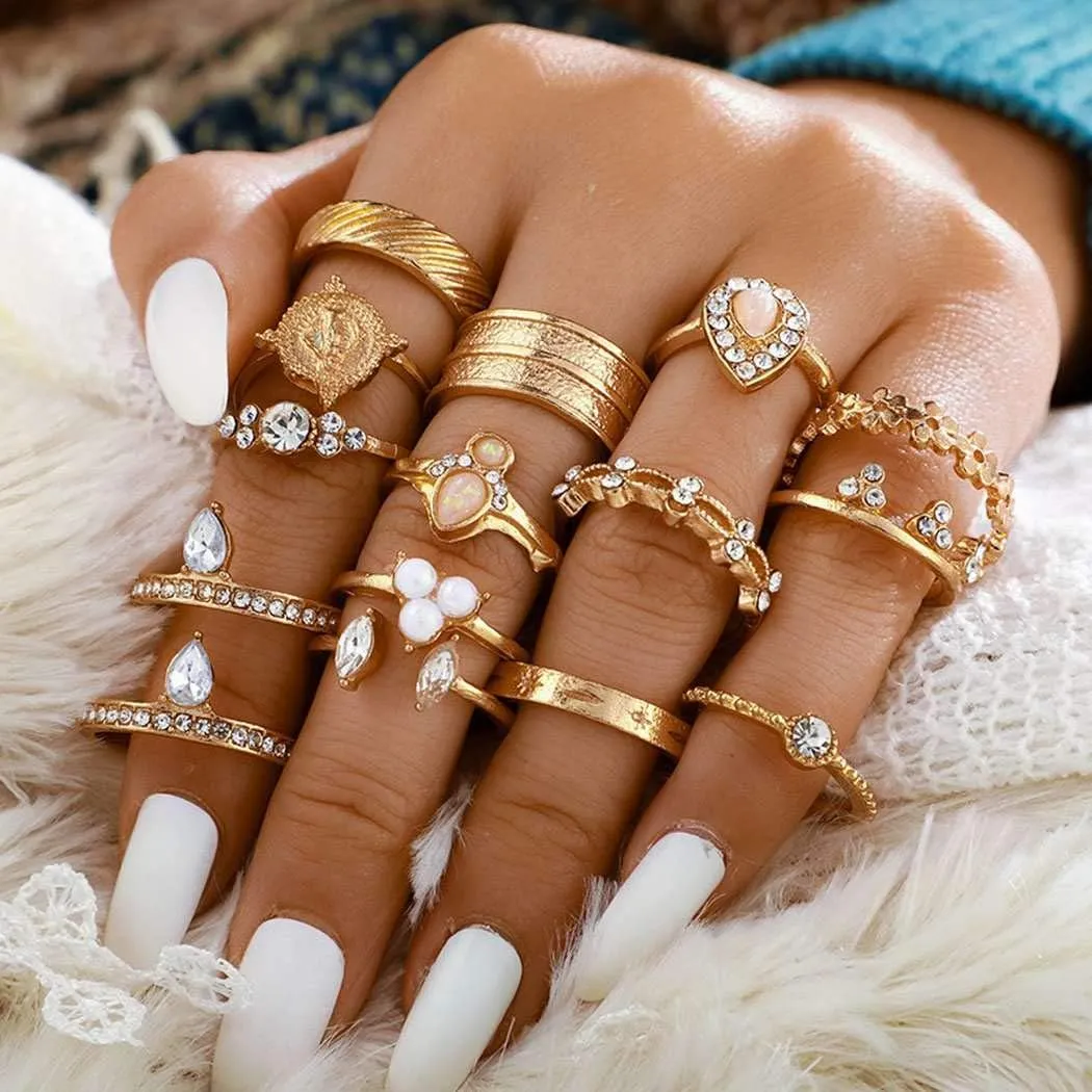 Vinzar Halloween Gold Rings Stackable Finger Rings Set Rhinestones Knuckle Joint Midi Ring Jewelry Carved Vintage Hand Accessories for Women