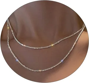 VIROMY Dainty Gold Necklace for Women 14K Gold Plated Layered Satellite Necklaces Trible Layering Paper Clip Chain Link Necklace Everyday Jewelry