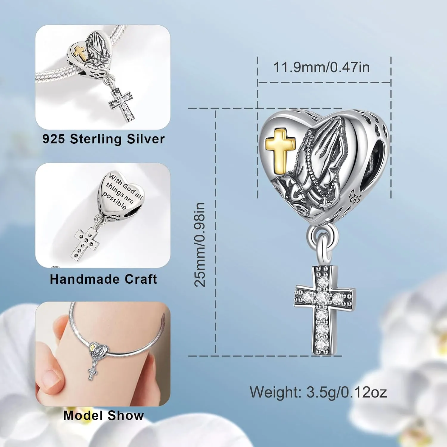 Vito 925 Sterling Silver Cross Charms Bead for Women, Vintage European Religion God Beads for European Bracelets Diy Jewelry Gift