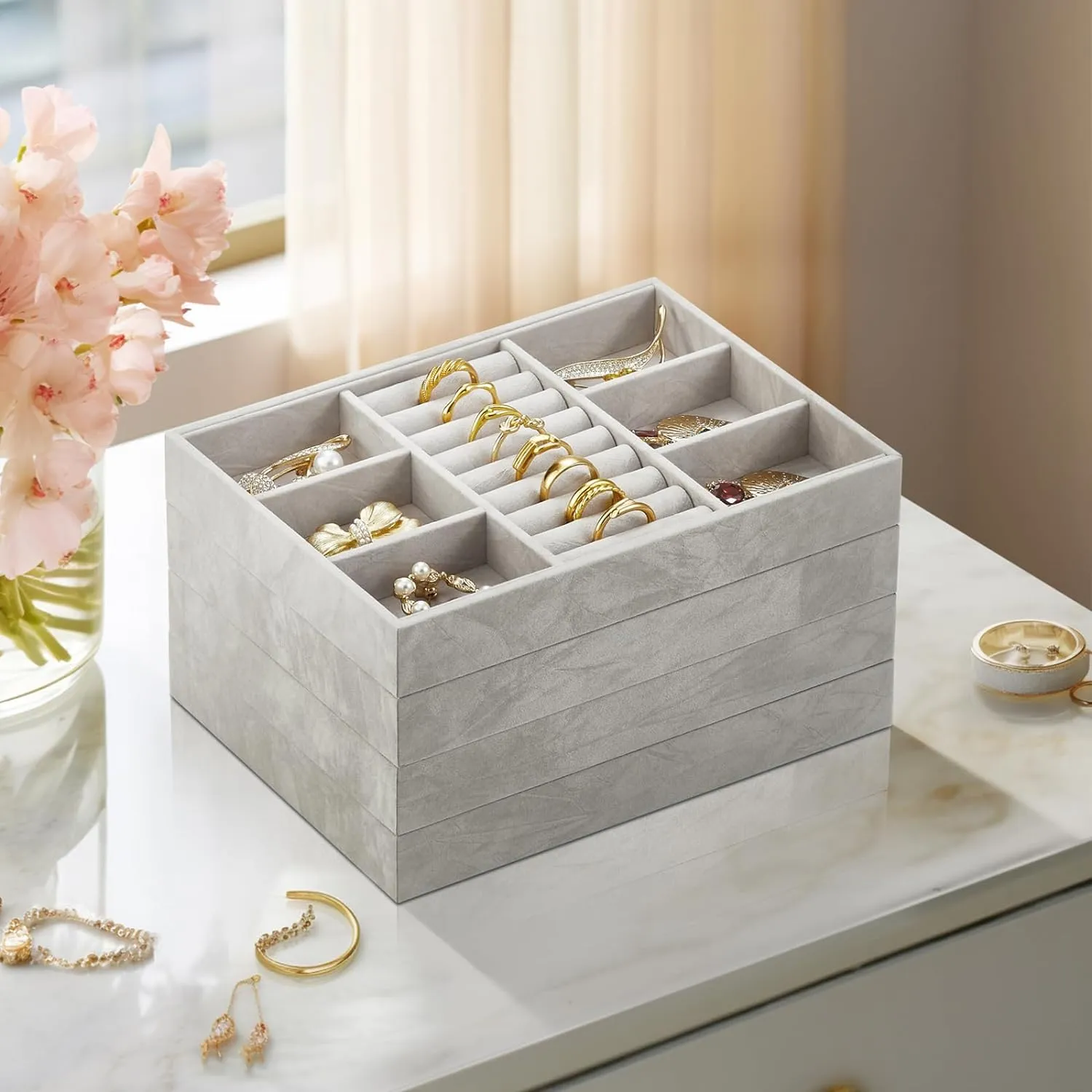 Vlando 6 Grids & Rings Slot Jewelry Tray, Small Drawer Jewelry Organizer, Stackable Organizer Trays - Grey